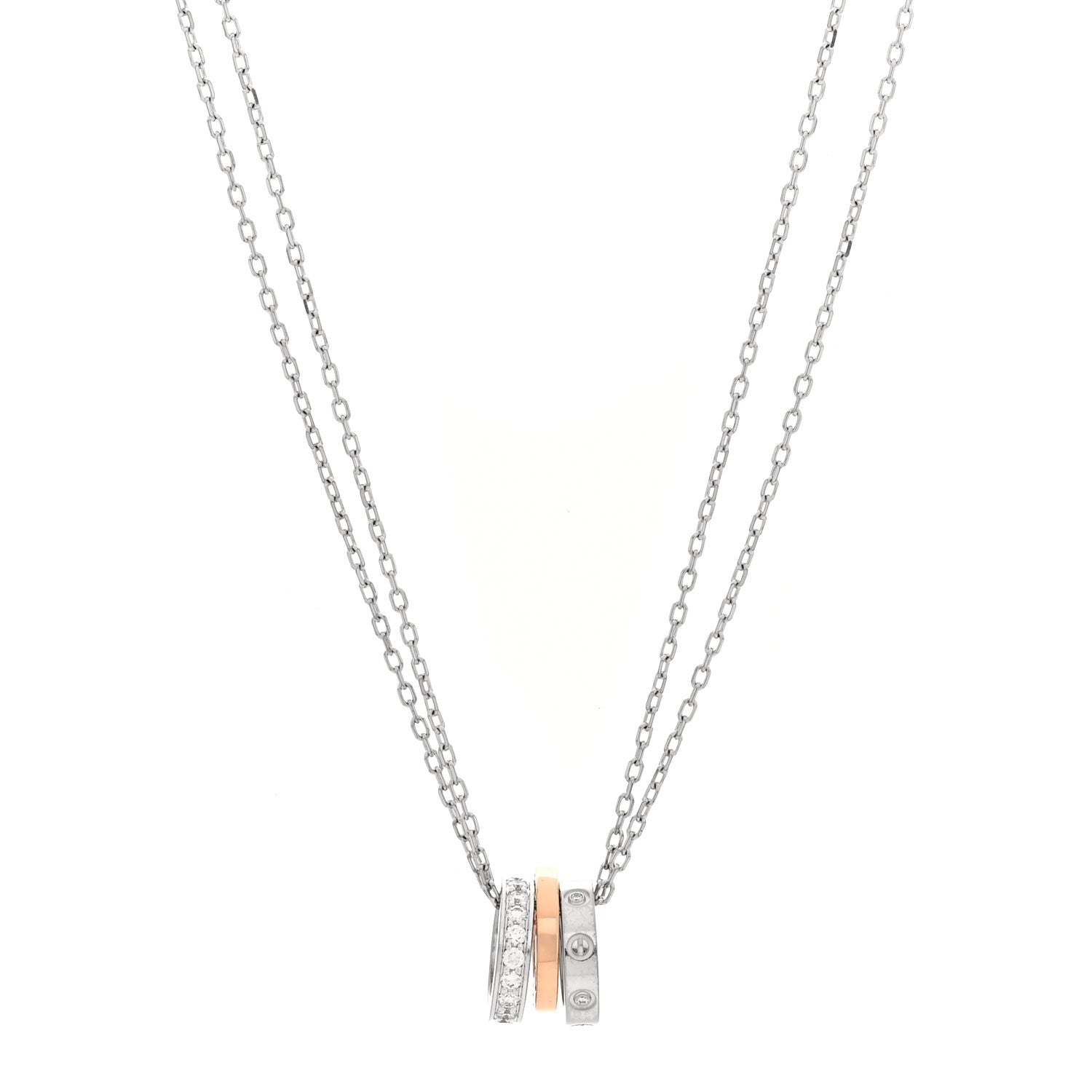 Cartier 18K White Pink Gold Diamond Three Ring LOVE Pendant Necklace 1 of 5