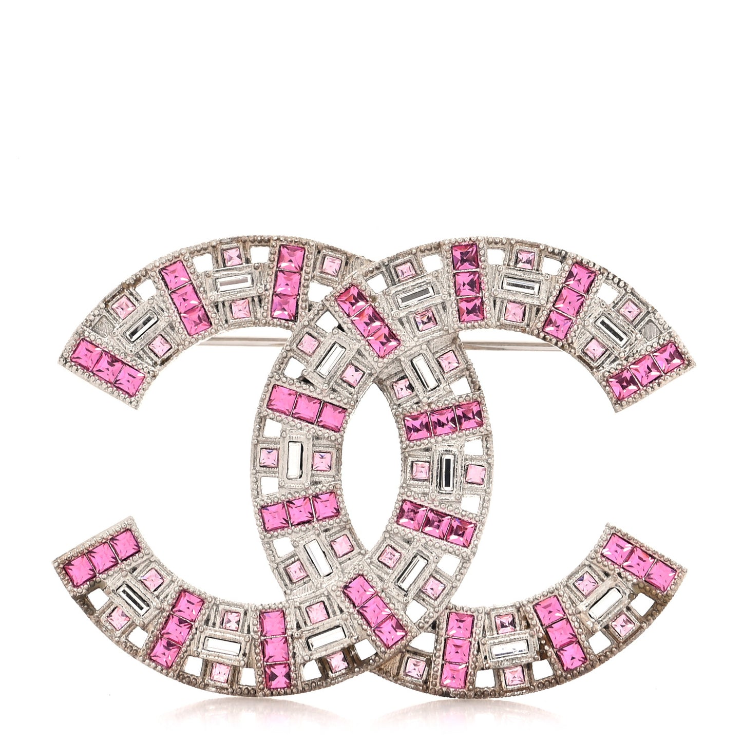 Baguette Crystal CC Brooch Silver Pink