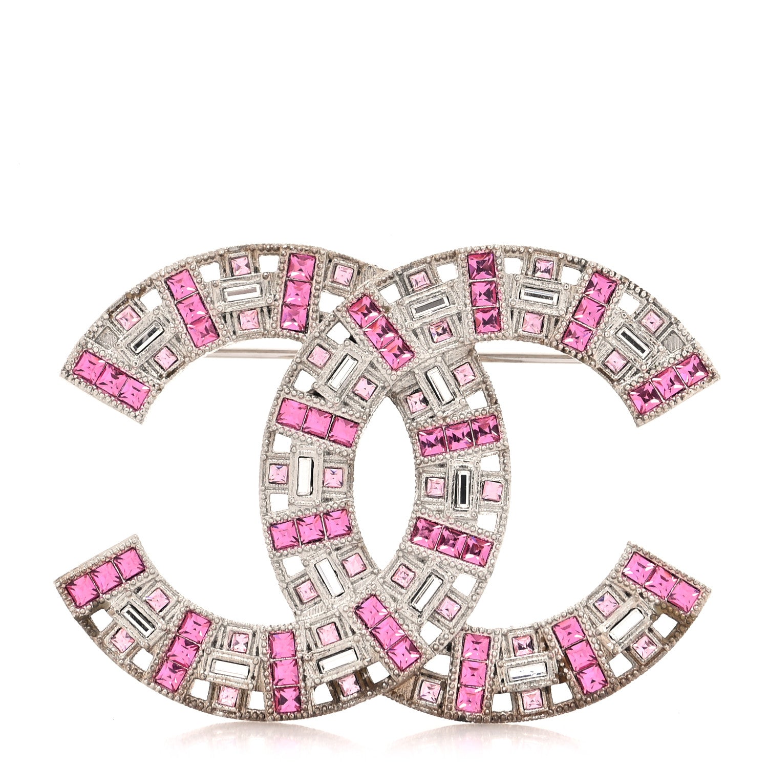 Chanel Baguette Crystal CC Brooch Silver Pink 1 of 5