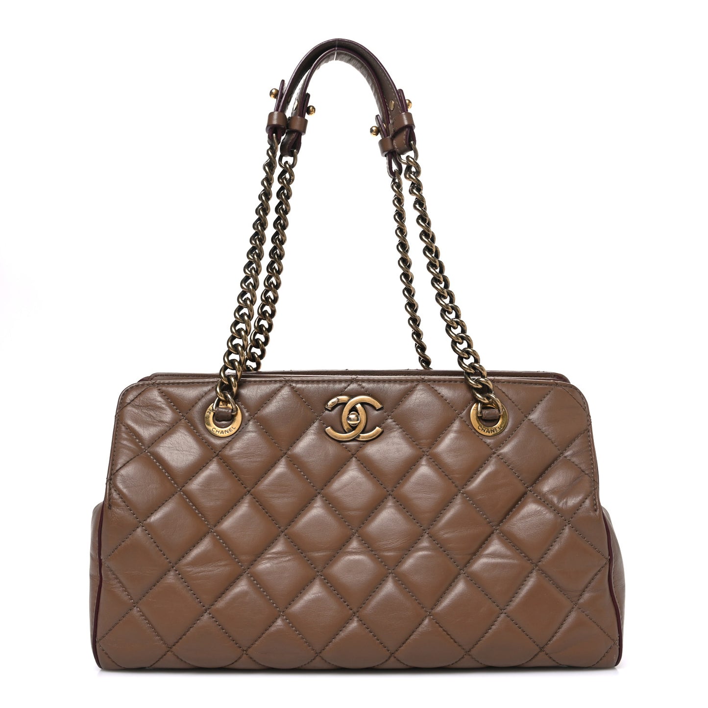 Calfskin Quilted Small Perfect Edge Tote Dark Beige
