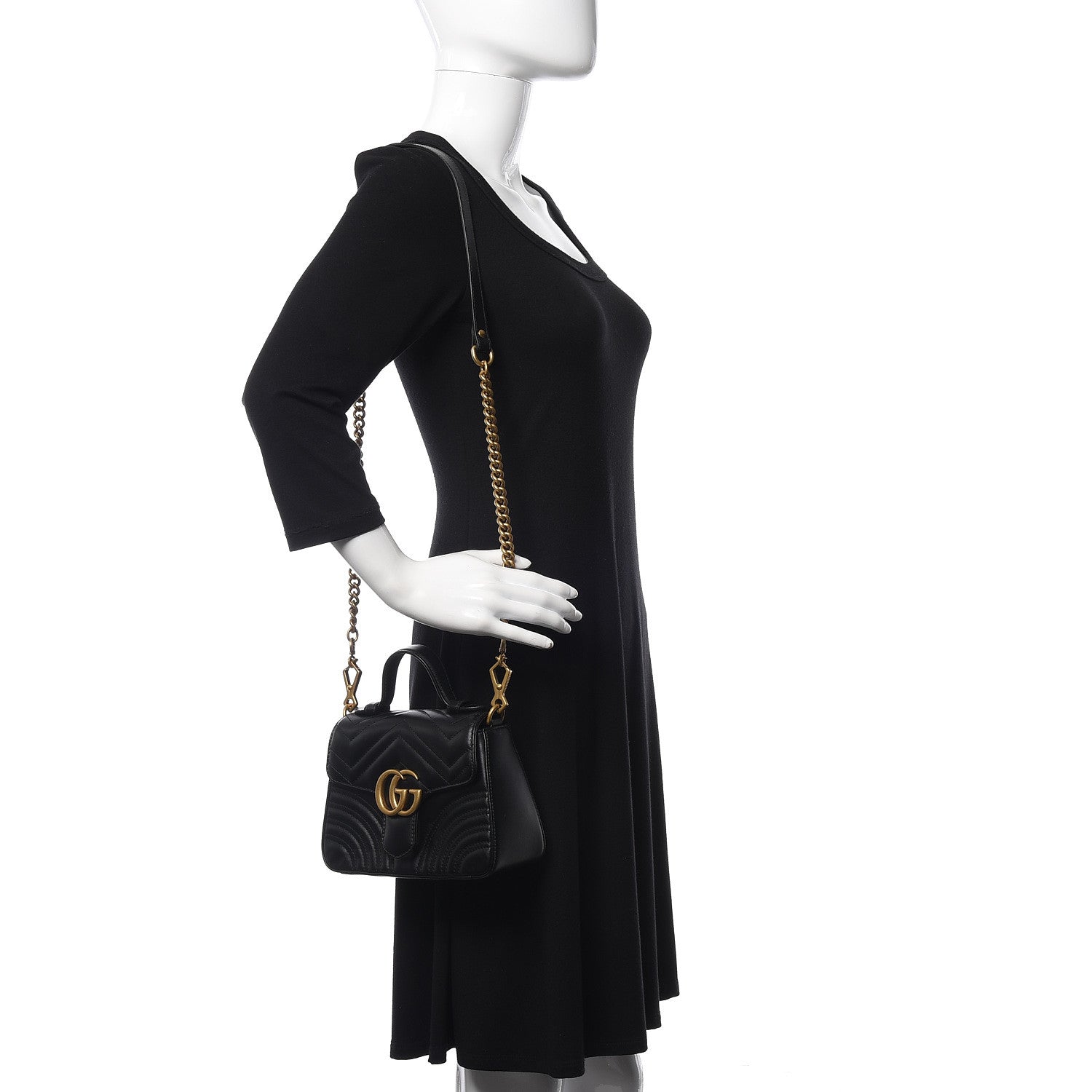 Gucci Calfskin Matelasse Mini GG Marmont Top Handle Shoulder Bag Black 2 of 10