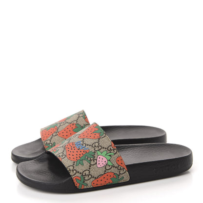 Gucci GG Supreme Monogram Strawberry Slide Sandals 38 Beige Multicolor 3 of 8