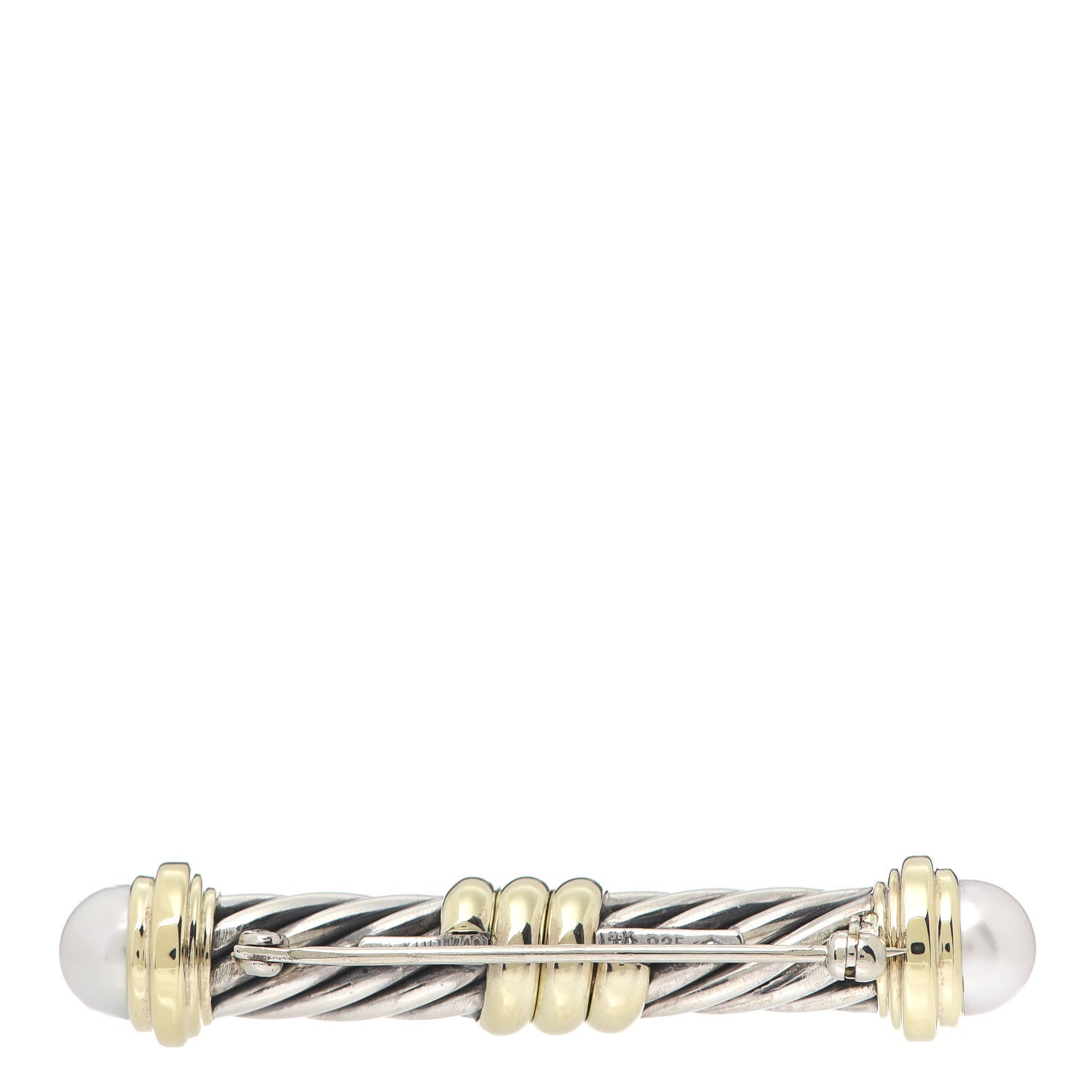 David Yurman Sterling Silver 14K Yellow Gold Pearl Cable Bar Brooch Pin 3 of 4