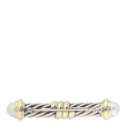 David Yurman Sterling Silver 14K Yellow Gold Pearl Cable Bar Brooch Pin 3 of 4
