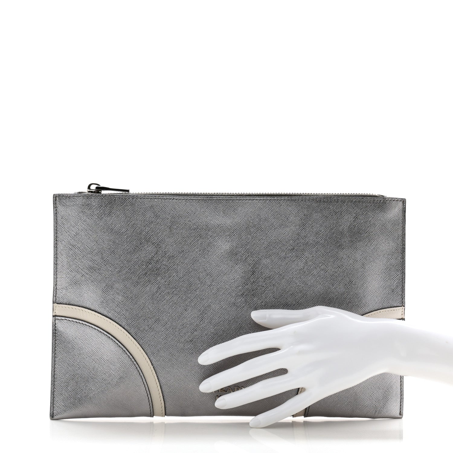 Prada Metallic Saffiano Hand Strap Clutch Silver 2 of 10