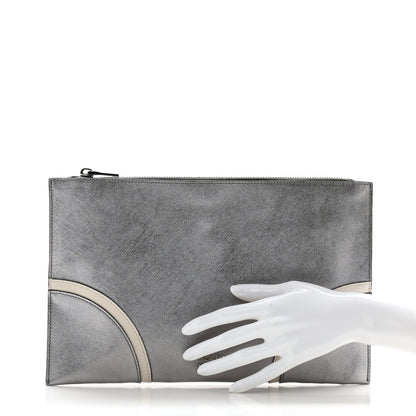 Prada Metallic Saffiano Hand Strap Clutch Silver 2 of 10