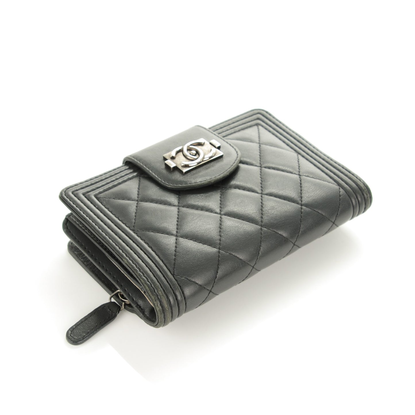 Lambskin Quilted Boy Large Zip Pocket Wallet Dark Grey