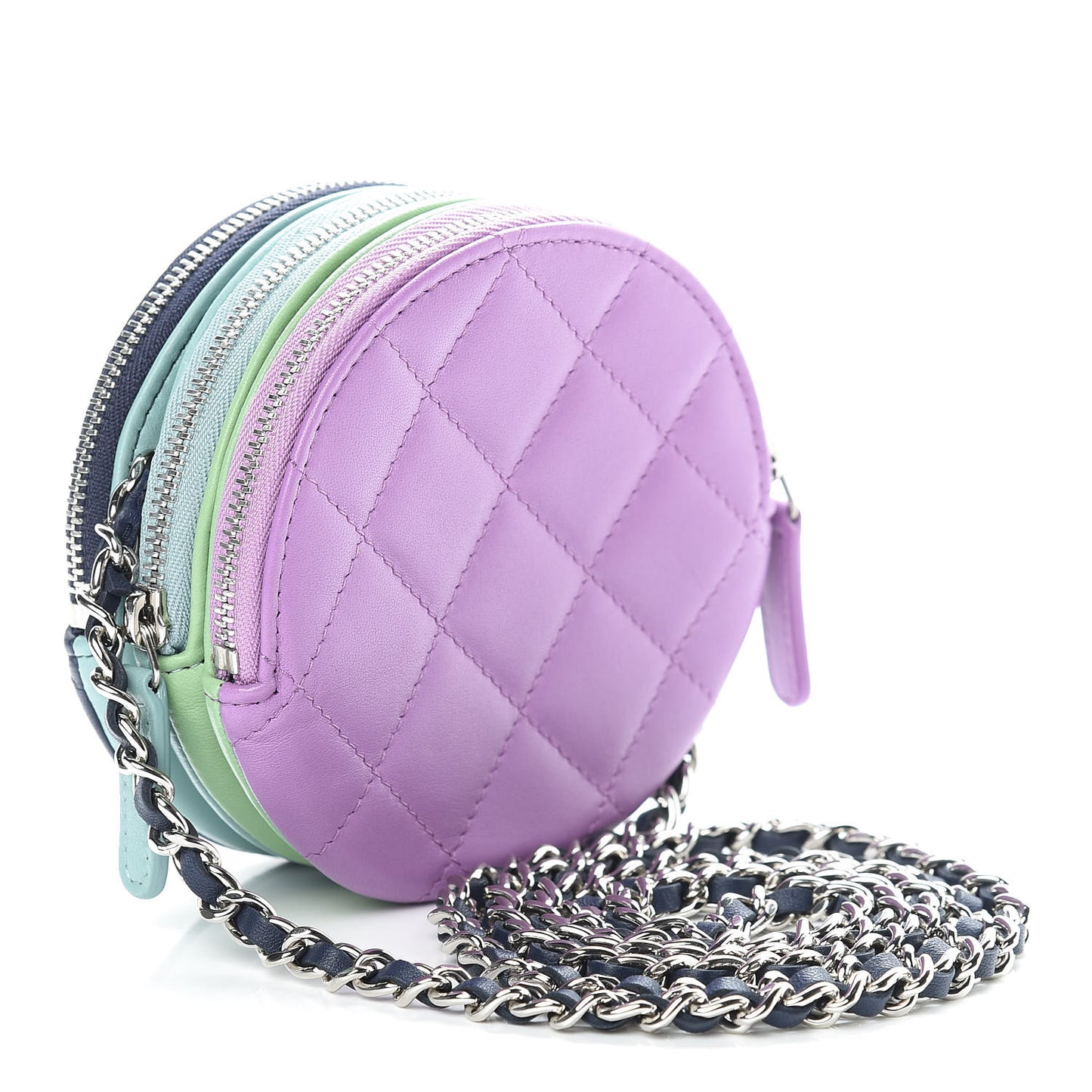 Lambskin Quilted Round Clutch With Chain Navy Blue Green Purple
