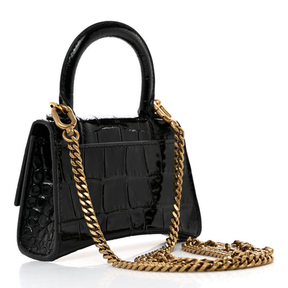 Balenciaga Shiny Calfskin Crocodile Embossed Hourglass Top Handle Bag Mini with Chain Black 2 of 10