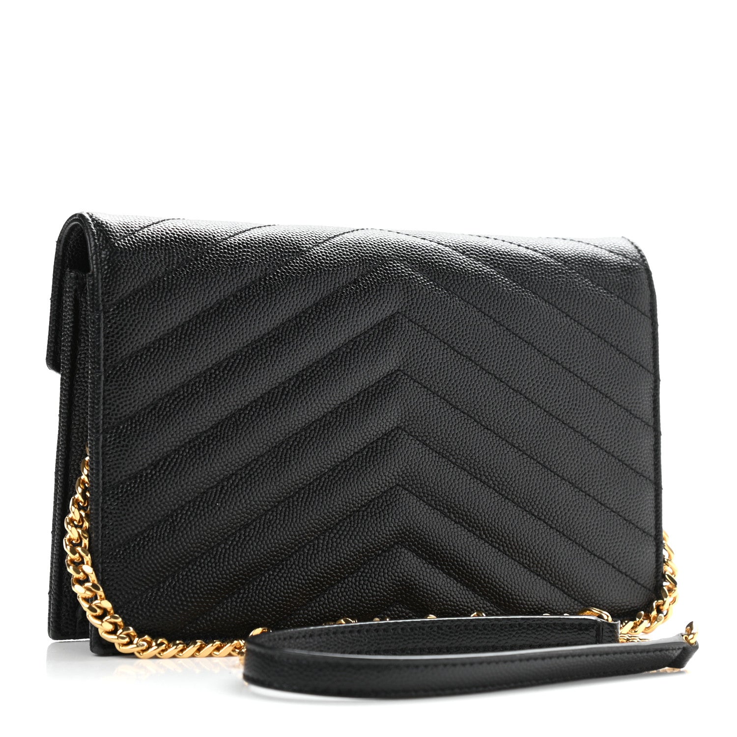 Saint Laurent Grain De Poudre Matelasse Chevron Monogram Envelope Chain Wallet Black 3 of 10
