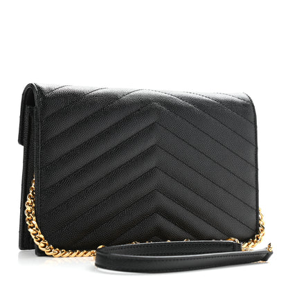Saint Laurent Grain De Poudre Matelasse Chevron Monogram Envelope Chain Wallet Black 3 of 10