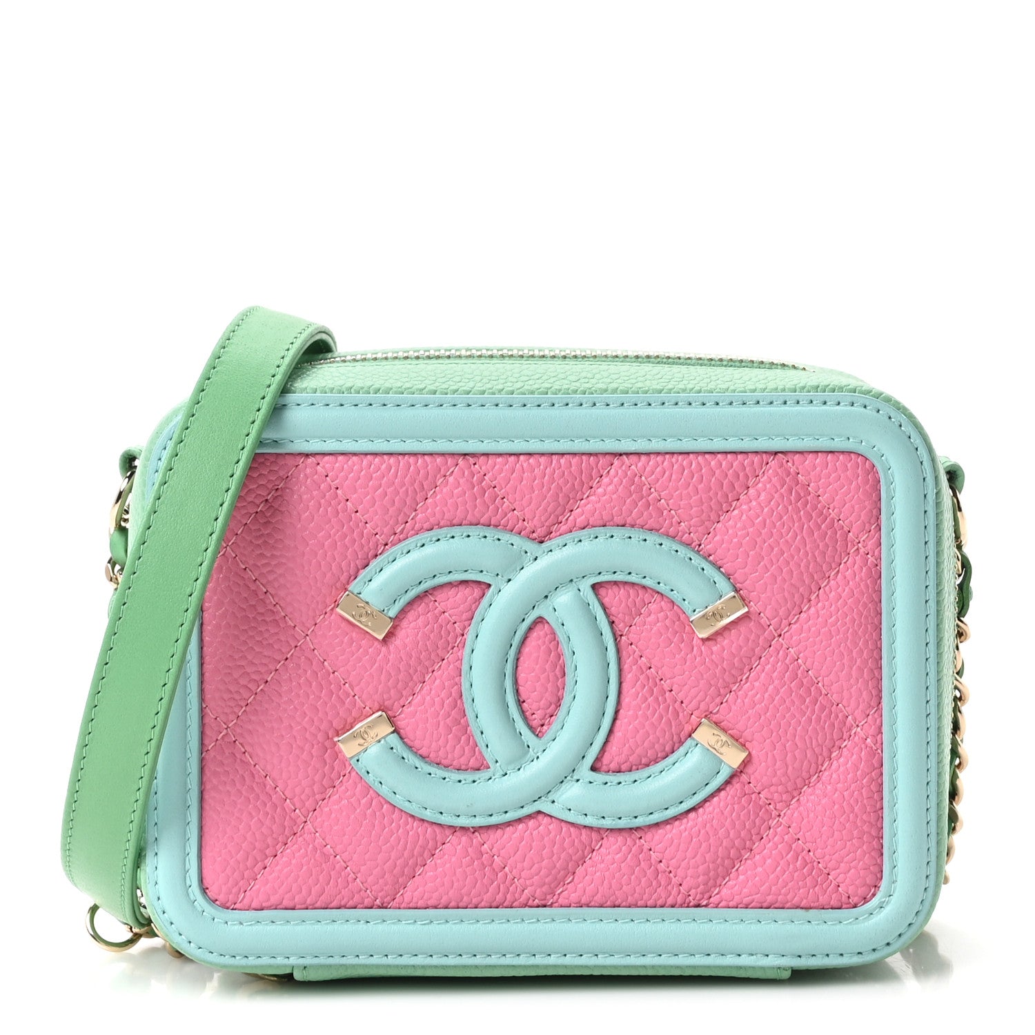 Chanel Caviar Quilted Filigree Vanity Clutch With Chain Pink Light Blue Green 1 of 10