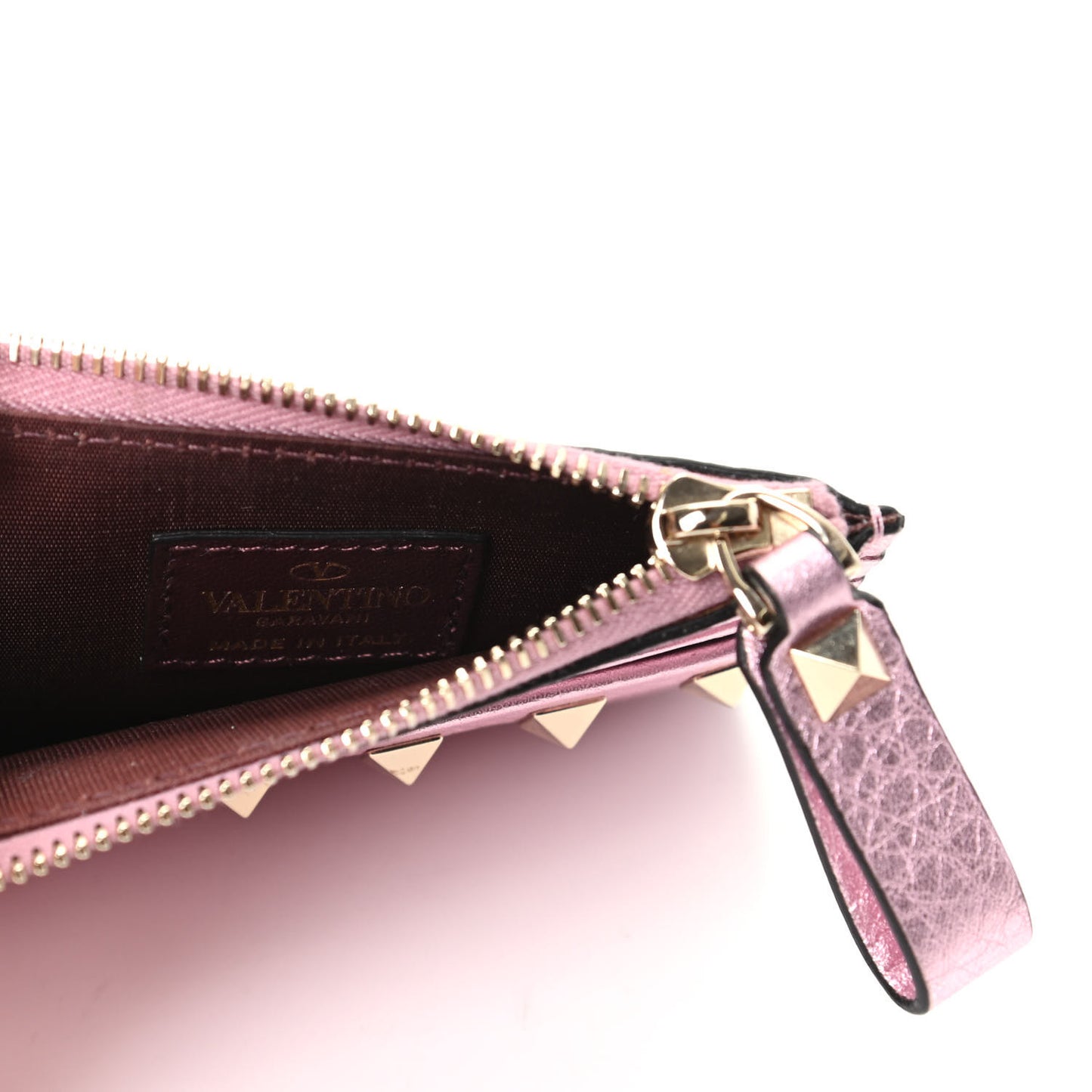 Metallic Pebbled Calfskin Rockstud Coin Case Card Holder Giacinto