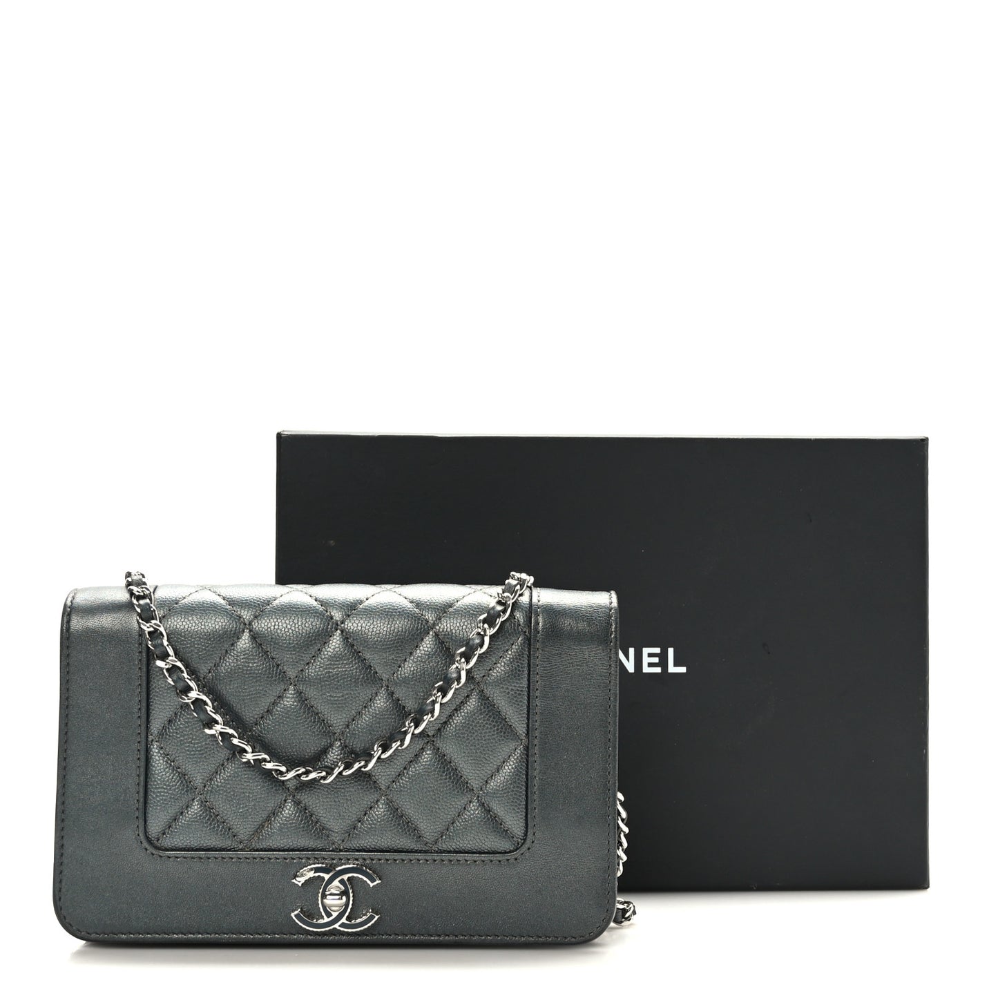Caviar Quilted Vintage Mademoiselle Wallet On Chain WOC Dark Grey
