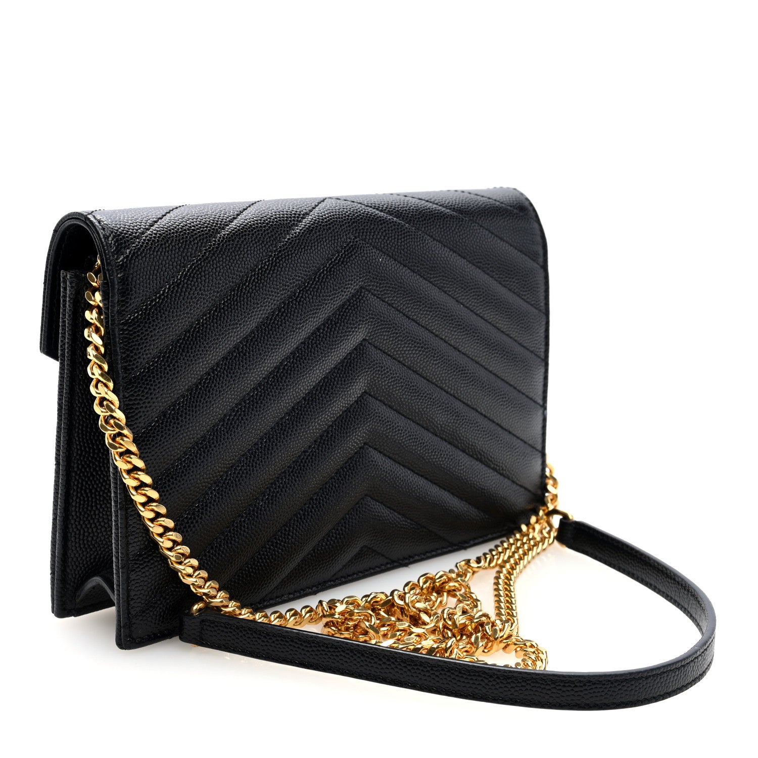 Saint Laurent Grain De Poudre Matelasse Chevron Monogram Envelope Chain Wallet  Black 3 of 10