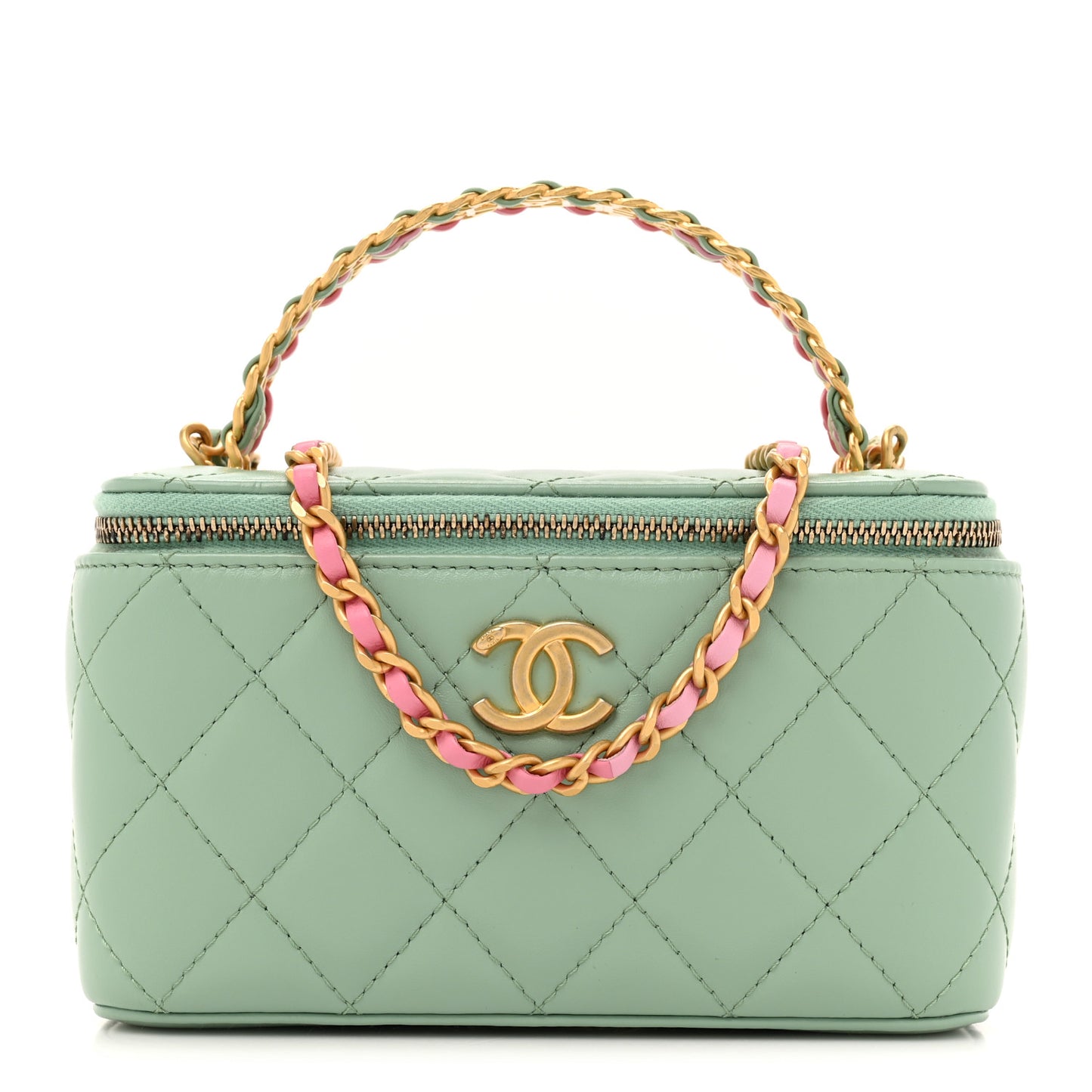 Shiny Calfskin Quilted Small Top Handle Vanity Case With Chain Light Green