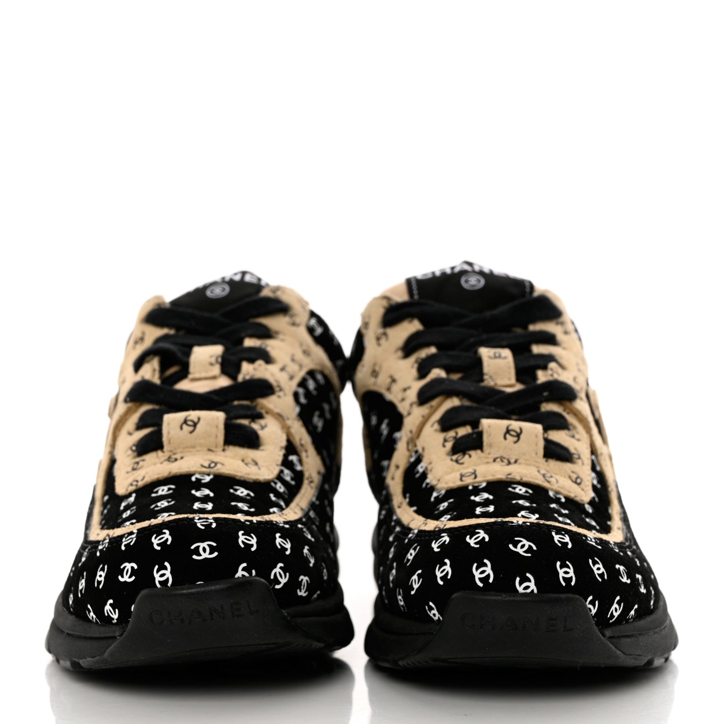 Nylon Suede Calfskin Printed CC Sneakers 37.5 Black Beige