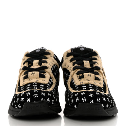 Chanel Nylon Suede Calfskin Printed CC Sneakers 37.5 Black Beige 1 of 9