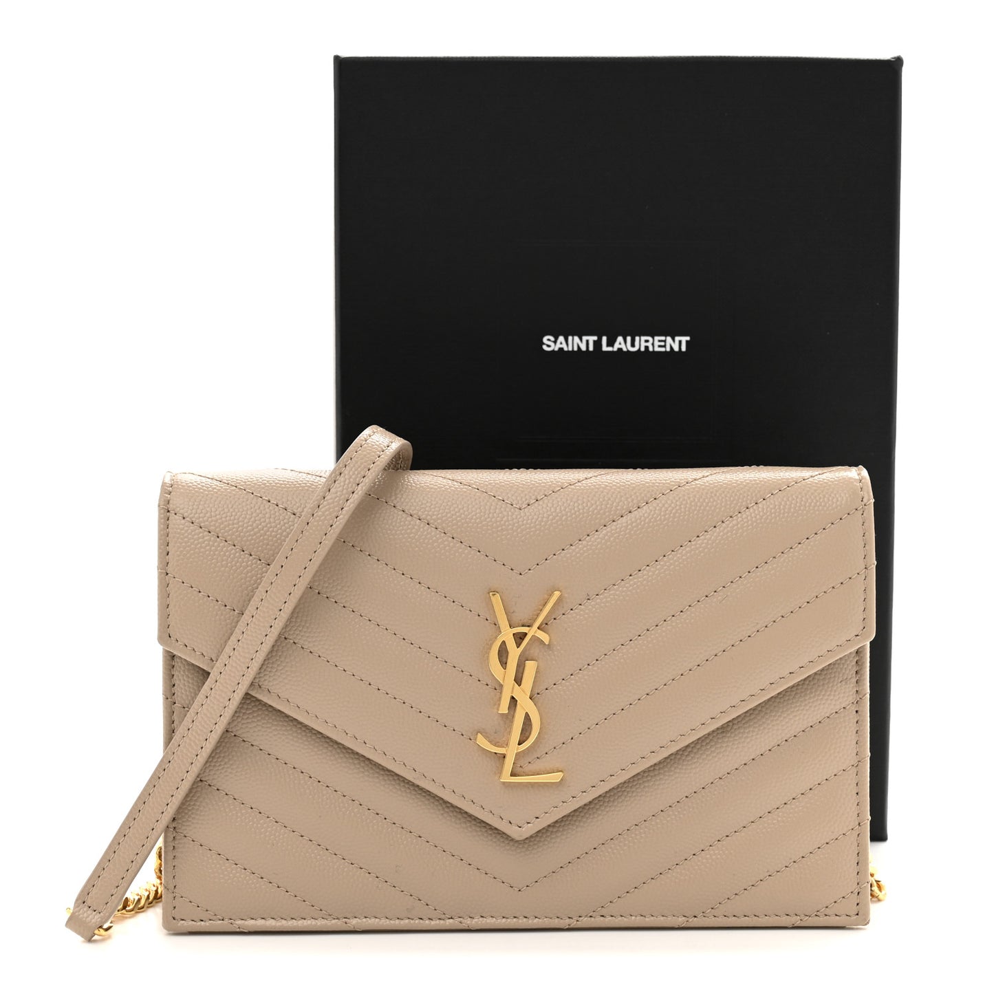 Grain De Poudre Matelasse Chevron Monogram Envelope Chain Wallet Dark Beige