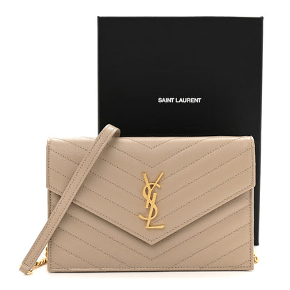 Saint Laurent Grain De Poudre Matelasse Chevron Monogram Envelope Chain Wallet Dark Beige 12 of 12