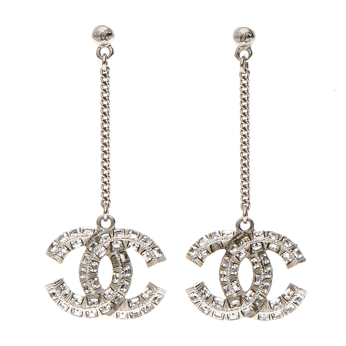 Baguette Crystal CC Dangle Earrings Silver