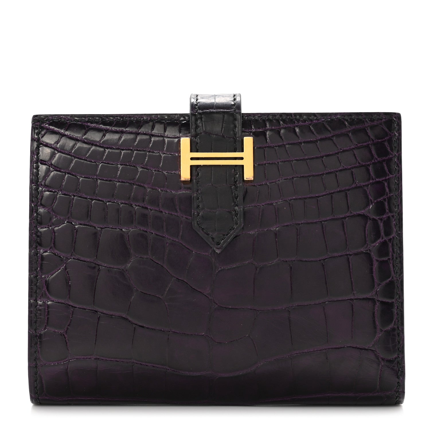 Hermes Shiny Alligator Bearn Compact Wallet Prunoir 1 of 7