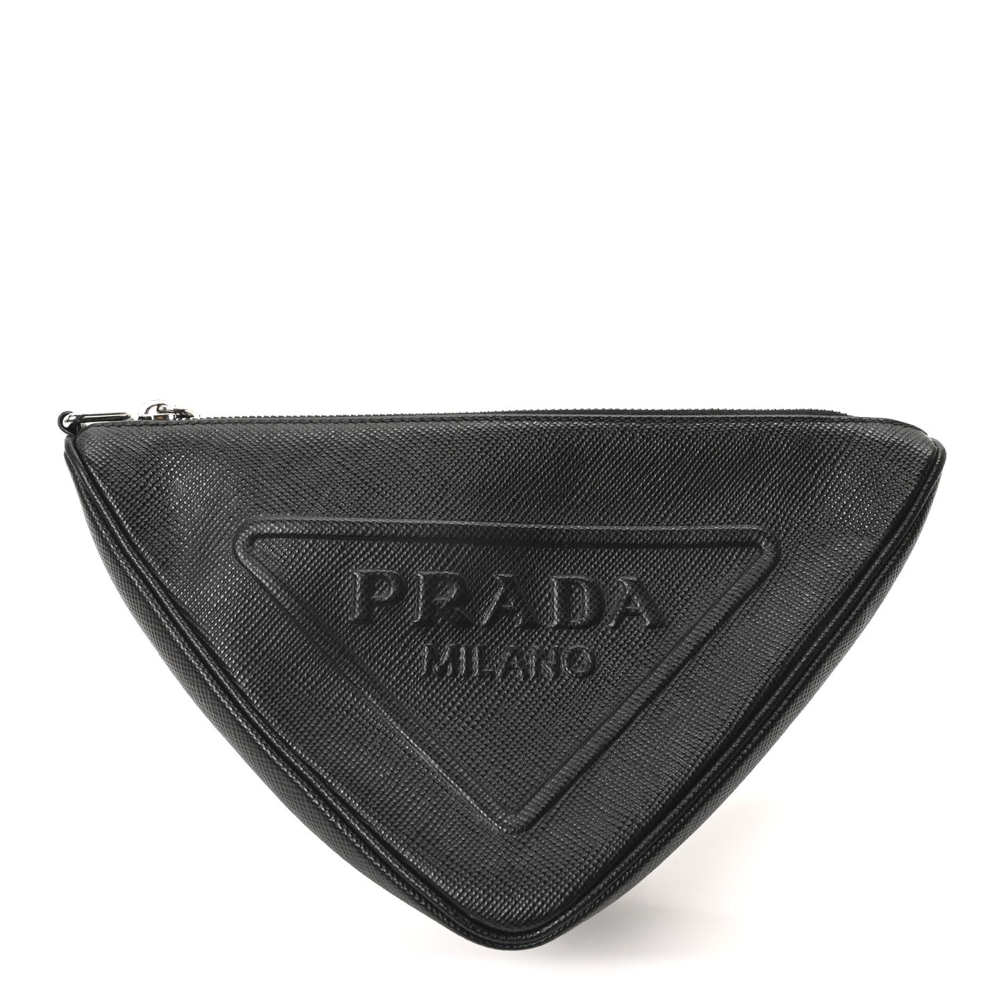 Saffiano Cuir Triangle Logo Embossed Triangle Wristlet Black