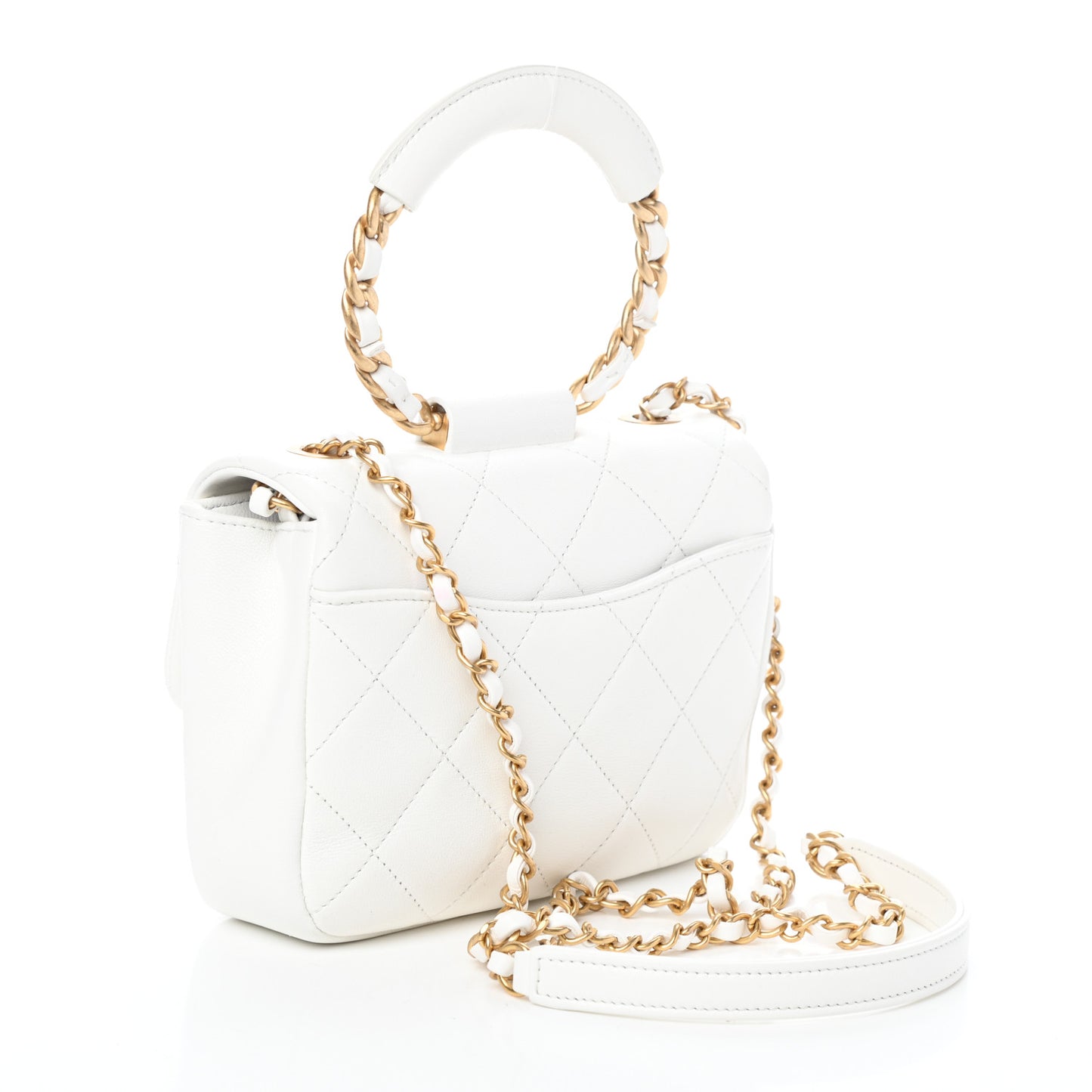 Lambskin Quilted Small Circular Handle Bag White