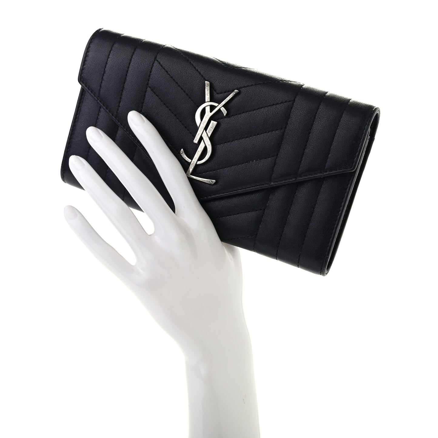 Lambskin Mixed Matelasse Quilted Large Monogram Envelope Wallet Navy