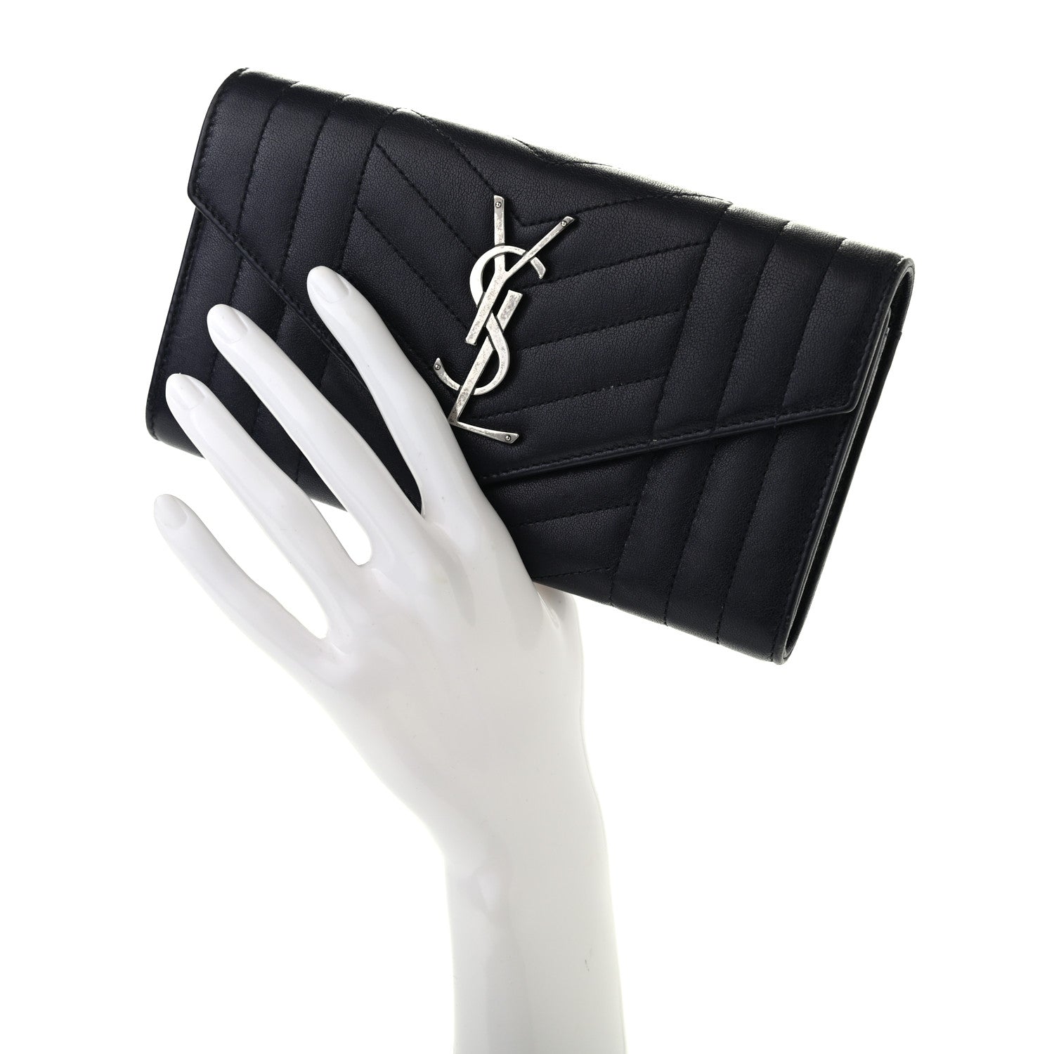 Saint Laurent Lambskin Mixed Matelasse Quilted Large Monogram Envelope Wallet Navy 2 of 8