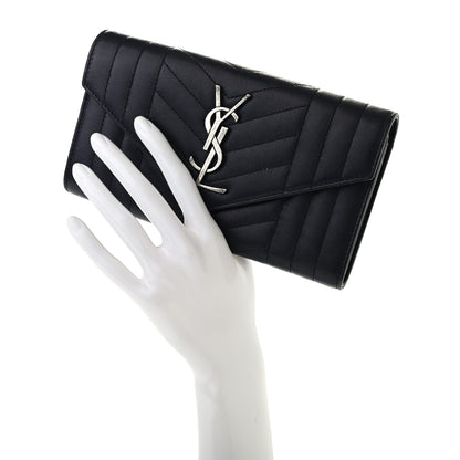 Saint Laurent Lambskin Mixed Matelasse Quilted Large Monogram Envelope Wallet Navy 2 of 8