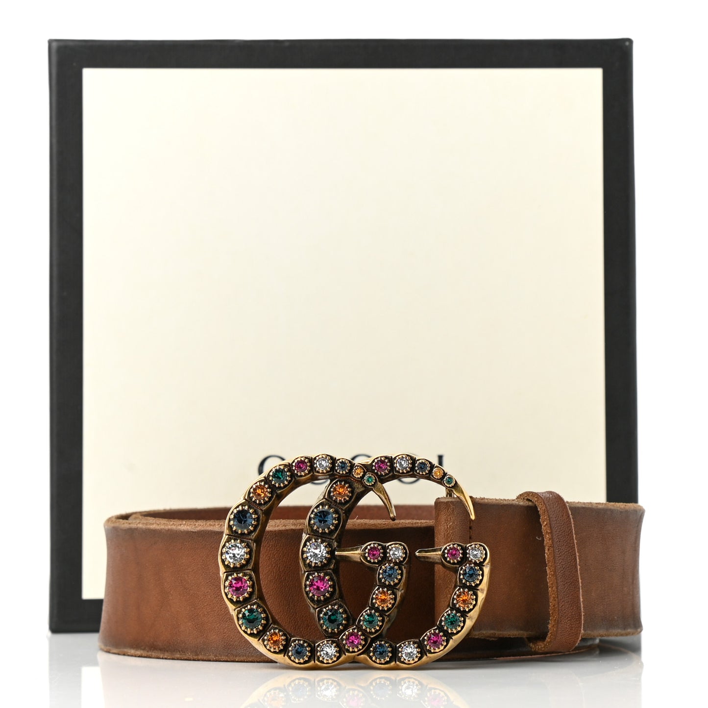 Calfskin Crystal Double G 40mm Belt 80 32 Brown Multicolor