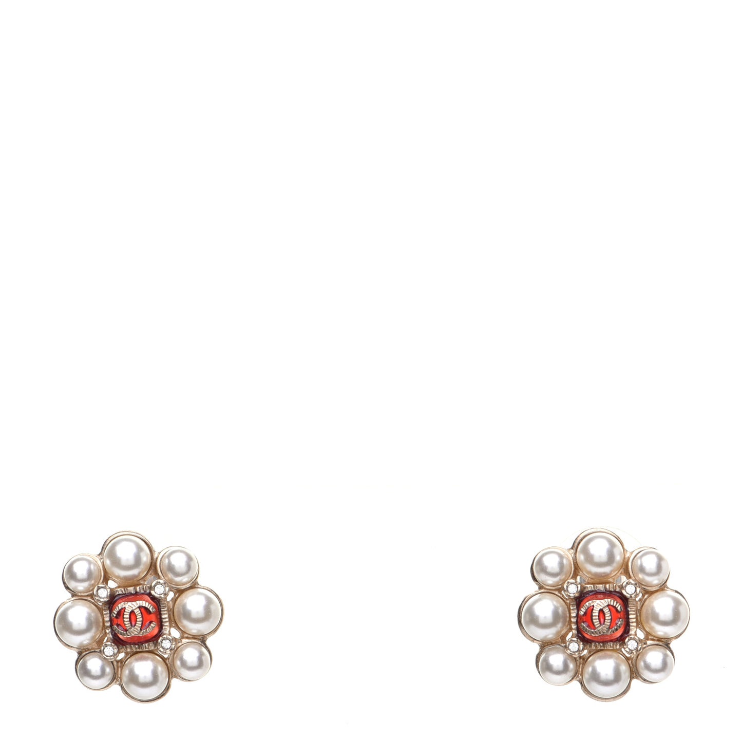 Gripoix Poured Glass Pearl Crystal CC Earrings Red Gold