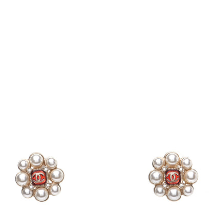 Chanel Gripoix Poured Glass Pearl Crystal CC Earrings Red Gold 1 of 6