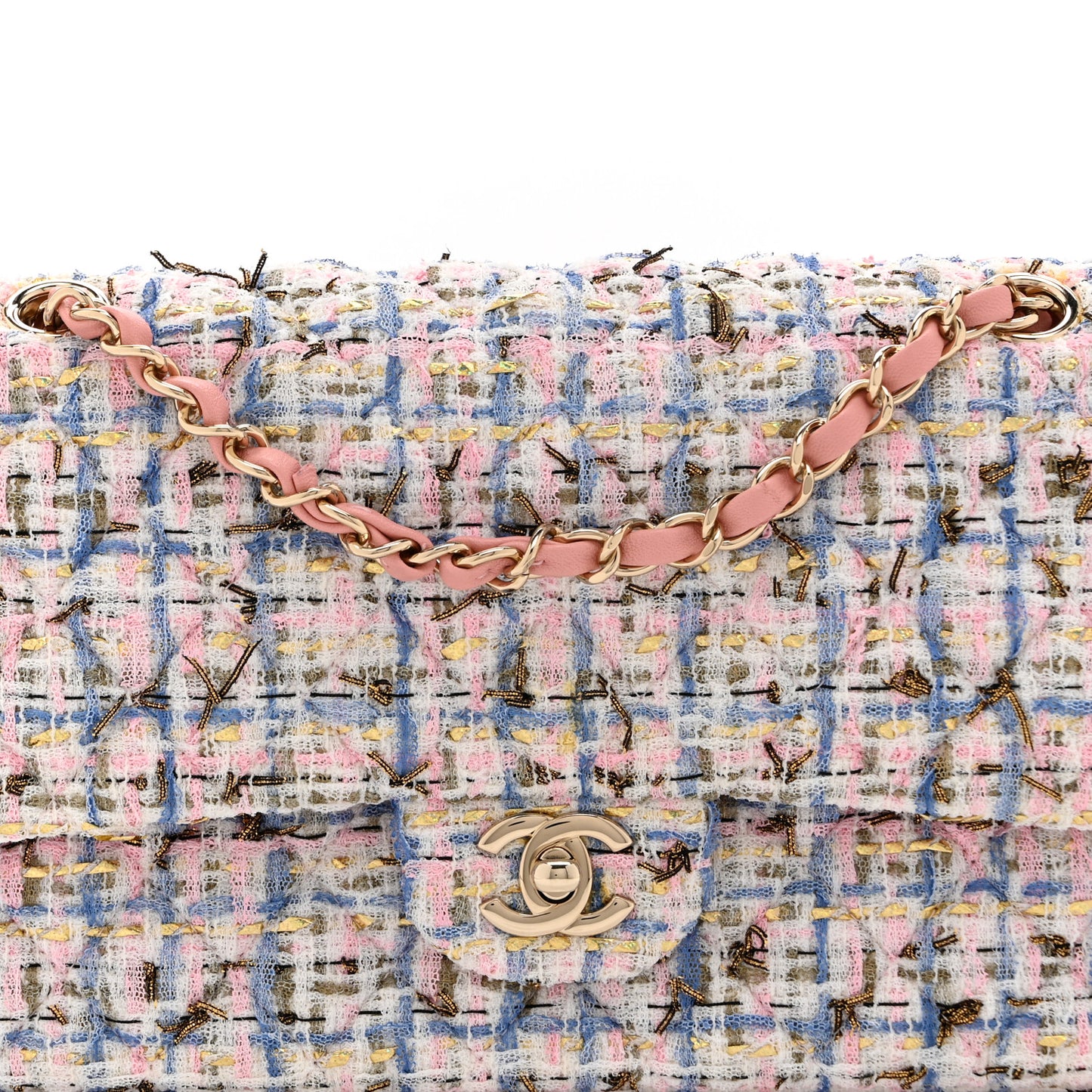 Tweed Quilted Medium Double Flap Blue Pink Gold White