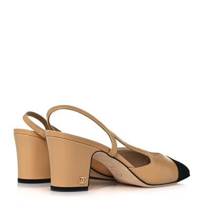 Chanel Goatskin Grosgrain Cap Toe CC Slingback Pumps 37 Beige Black 4 of 9