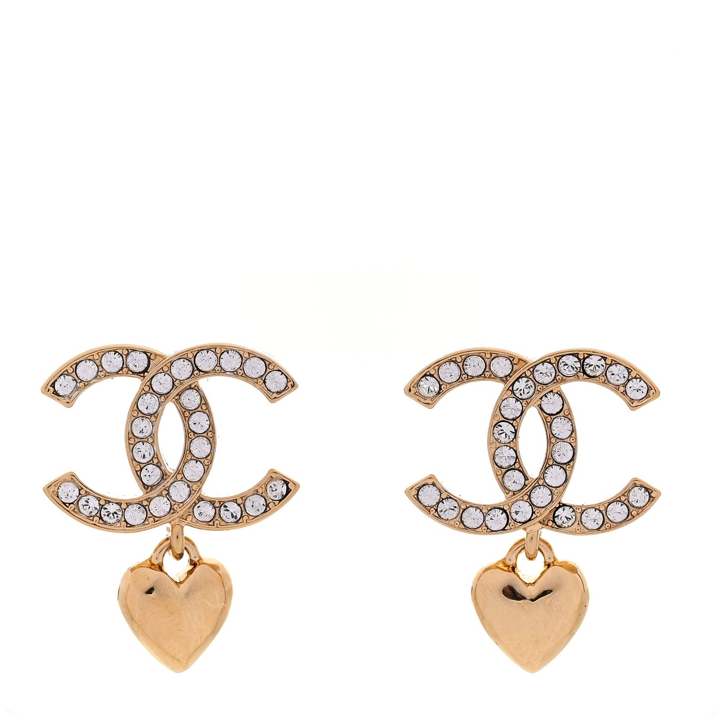 Metal Crystal CC Heart Drop Earrings Gold