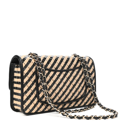 Chanel Raffia Jute Striped Medium Single Flap Black Beige 3 of 10