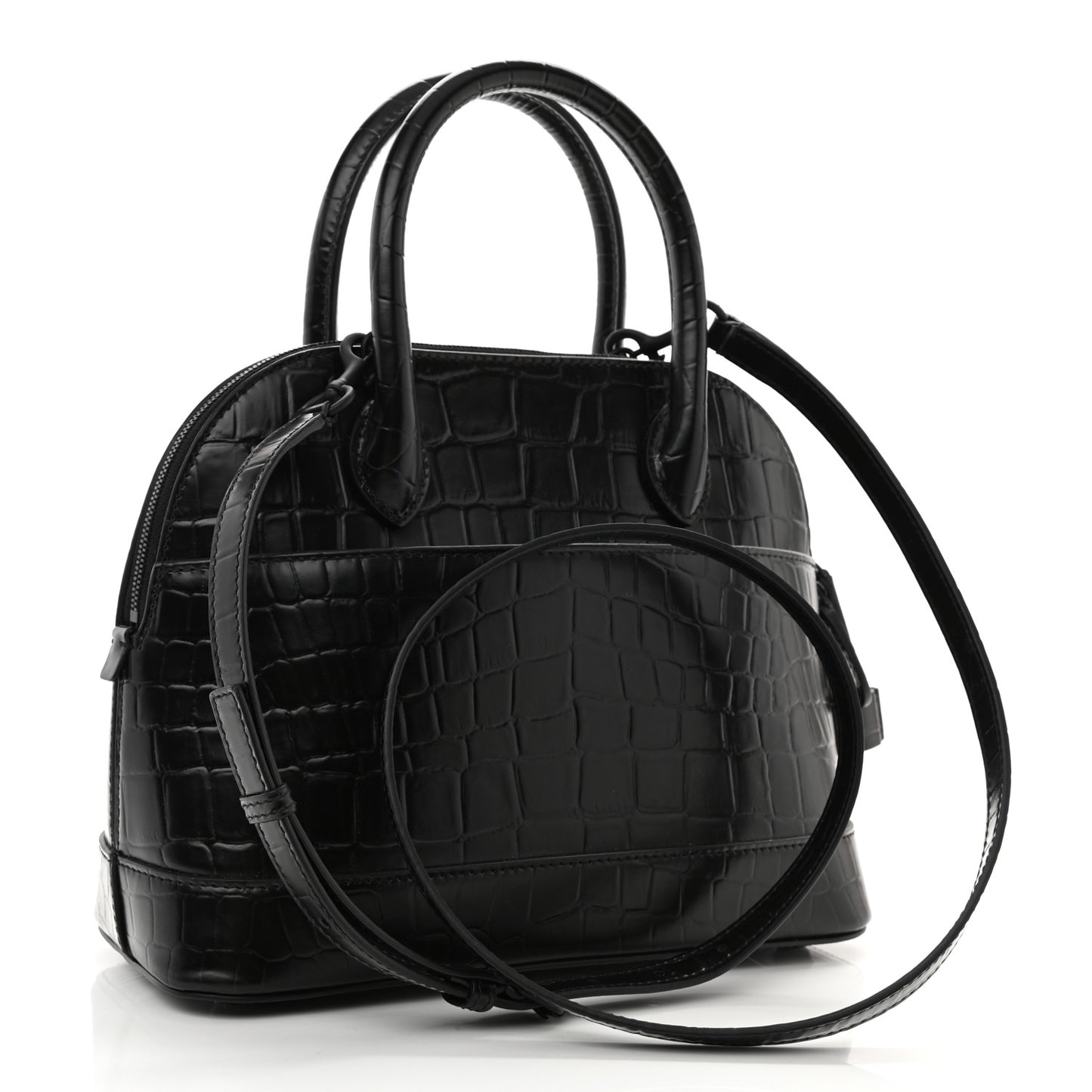 Calfskin Crocodile Embossed S Rivet Ville Top Handle Bag Black