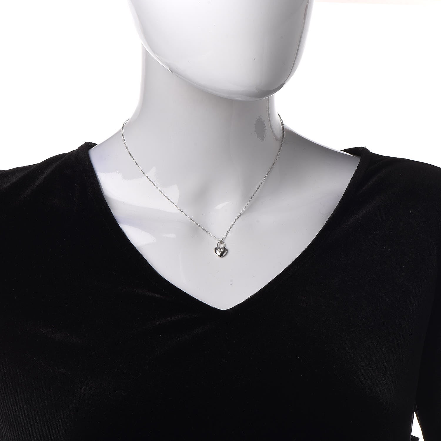 Tiffany 18K White Gold Diamond Mini Heart Lock Pendant Necklace 2 of 7