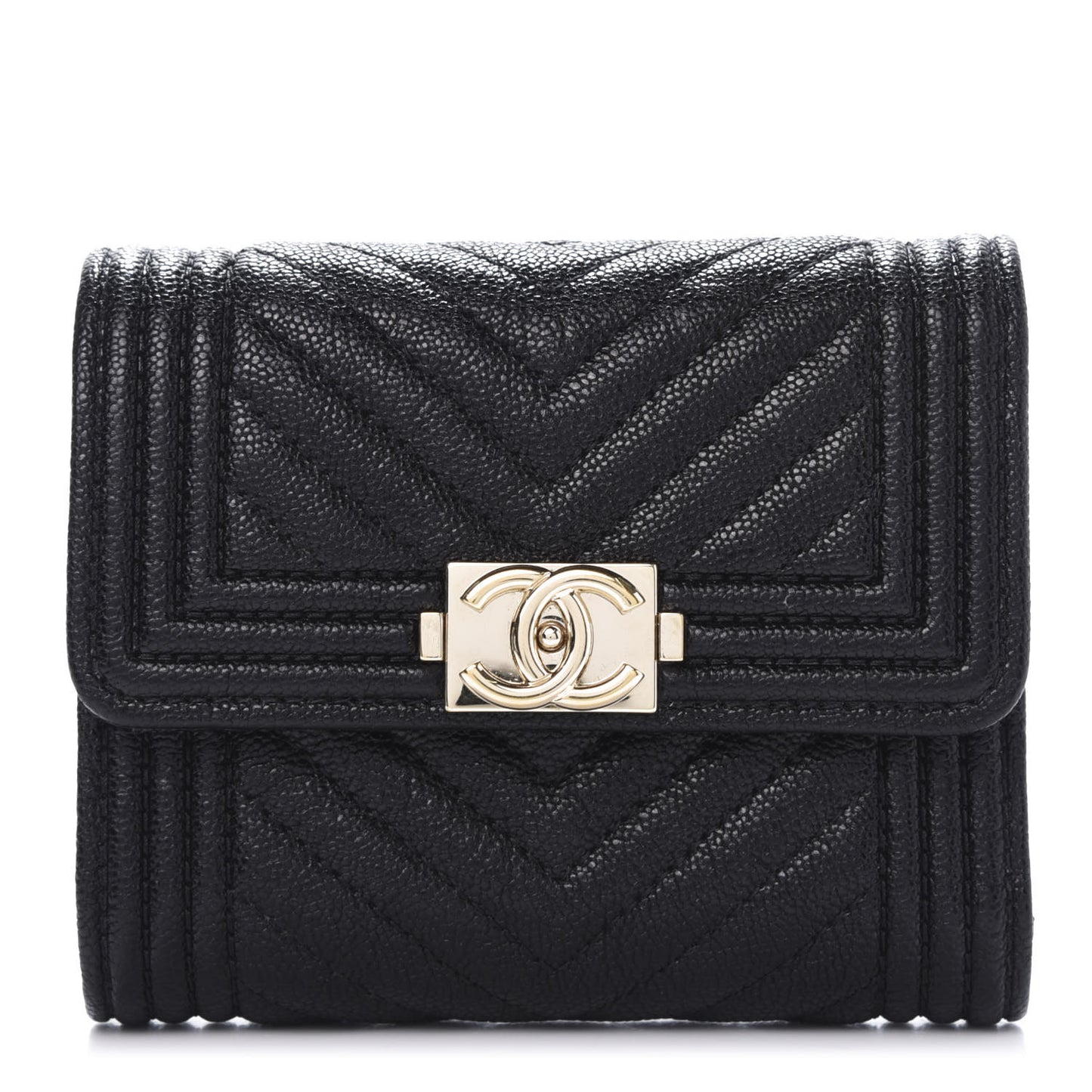 Caviar Chevron Quilted Boy Compact Wallet Black