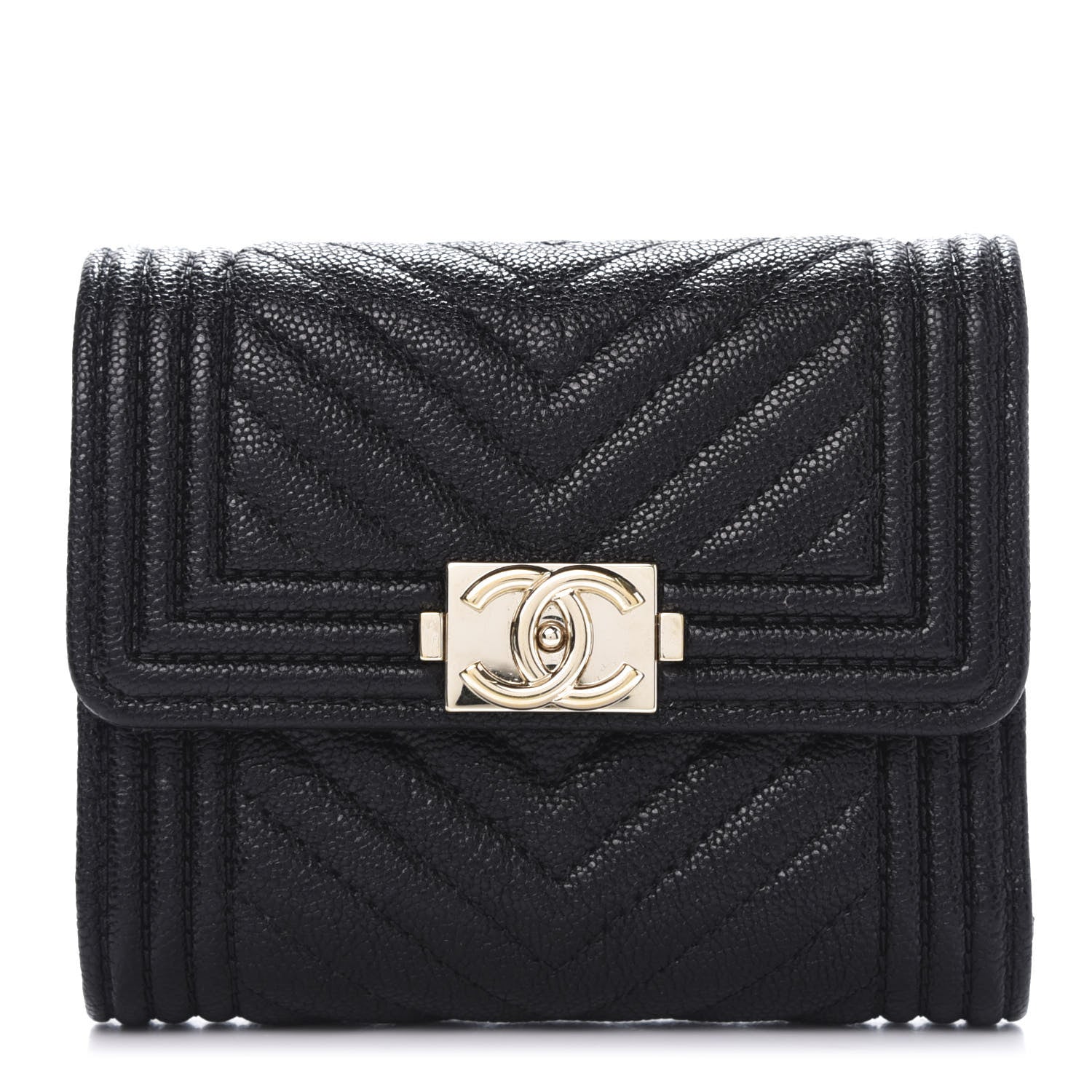 Chanel Caviar Chevron Quilted Boy Compact Wallet Black 1 of 9