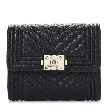 Chanel Caviar Chevron Quilted Boy Compact Wallet Black 1 of 9