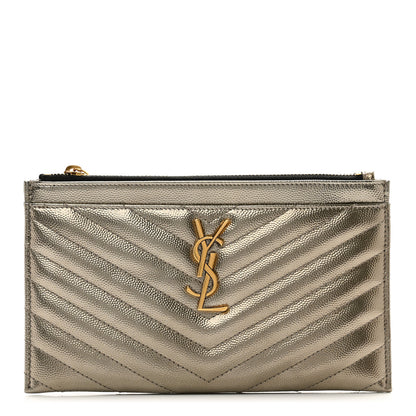 Saint Laurent Metallic Grain De Poudre Matelasse Chevron Monogram Bill Pouch Piombo 1 of 7