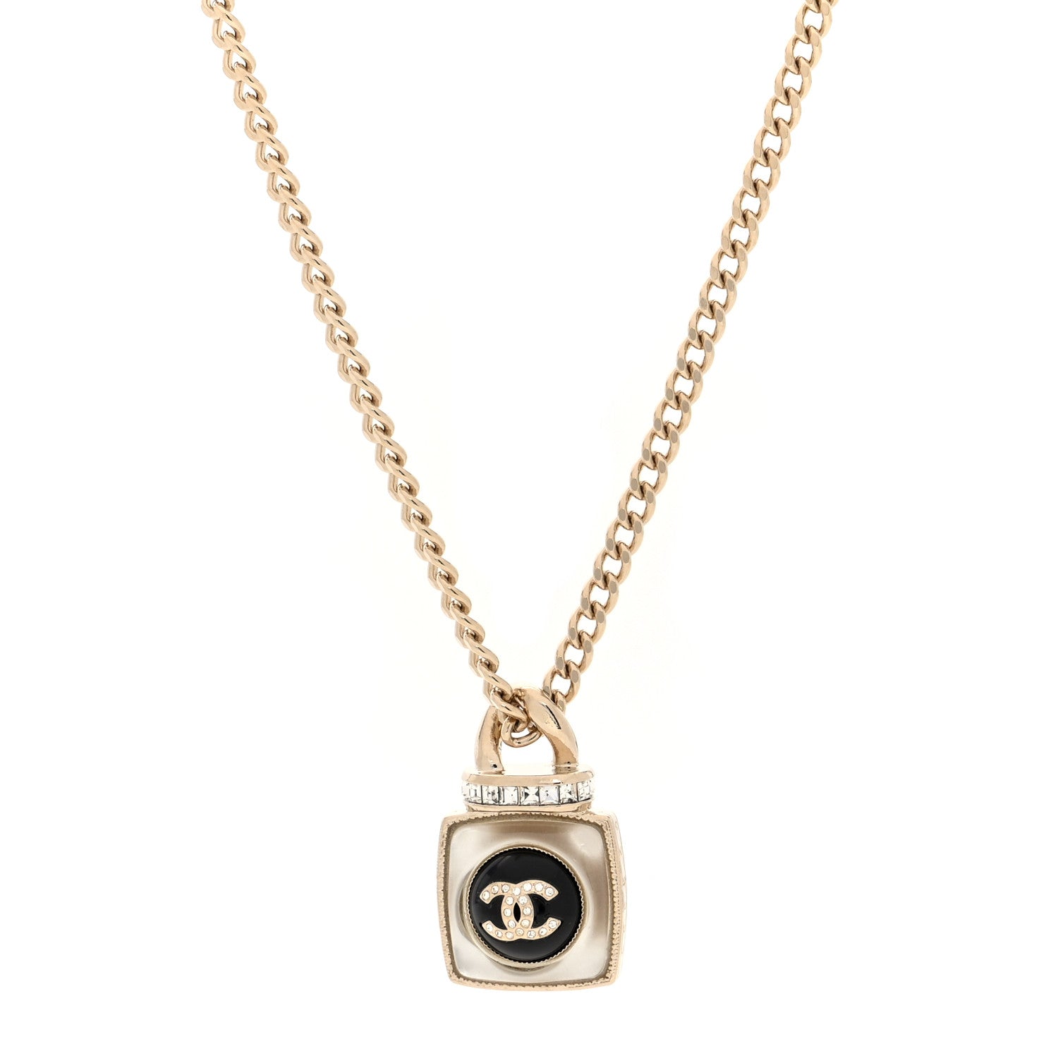 Chanel Crystal Resin CC Perfume Bottle Necklace Gold 1 of 4