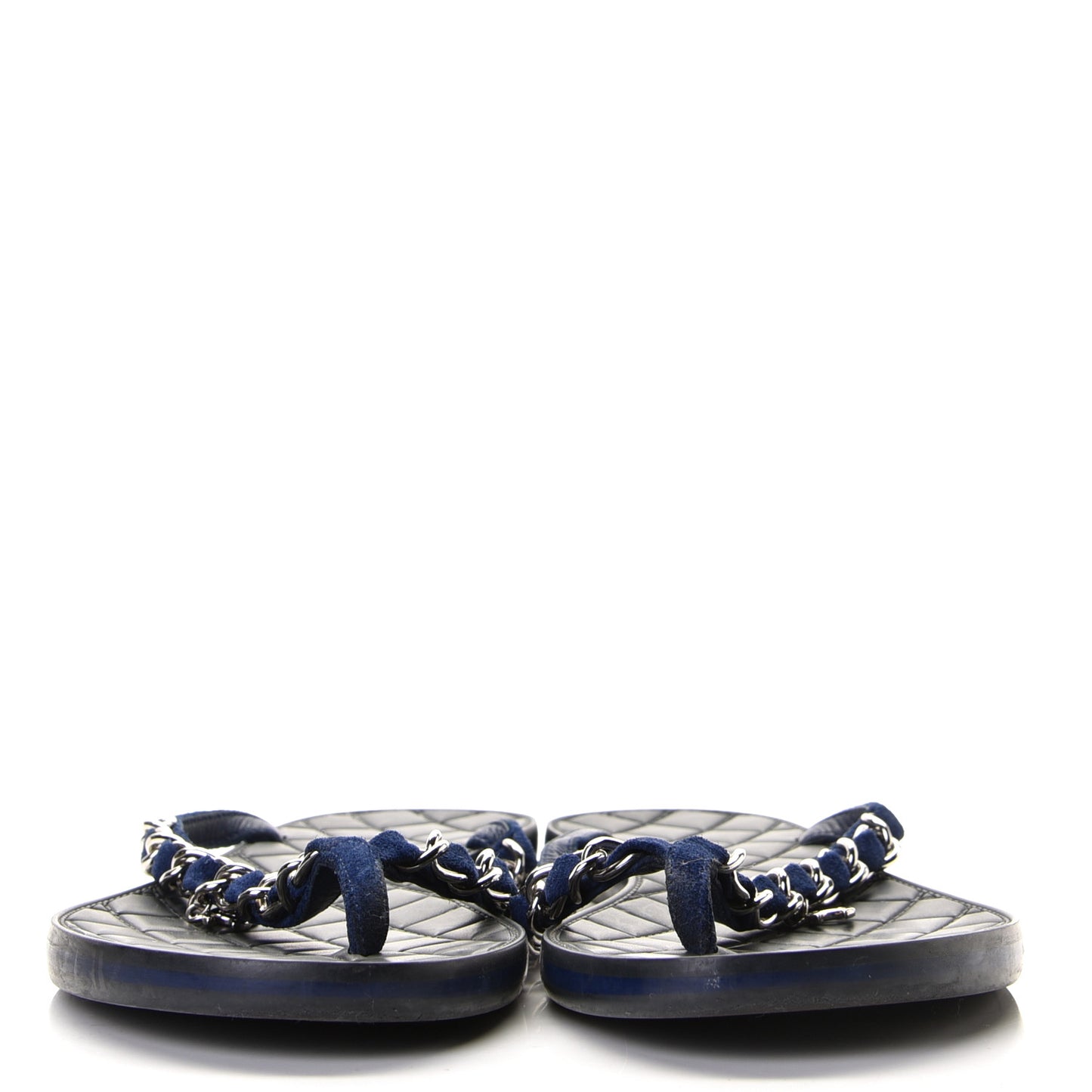 Suede Calfskin Quilted Chain Thong Sandals 38.5 Navy Blue