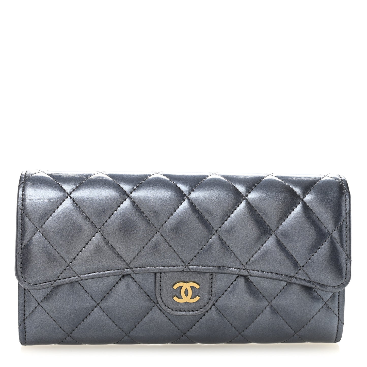 Metallic Lambskin Quilted Large Gusset Flap Wallet Dark Blue