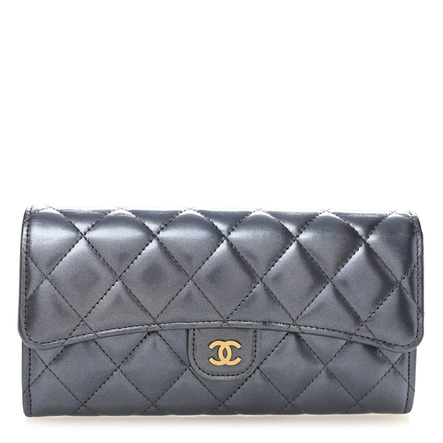 Chanel Metallic Lambskin Quilted Large Gusset Flap Wallet Dark Blue 1 of 9