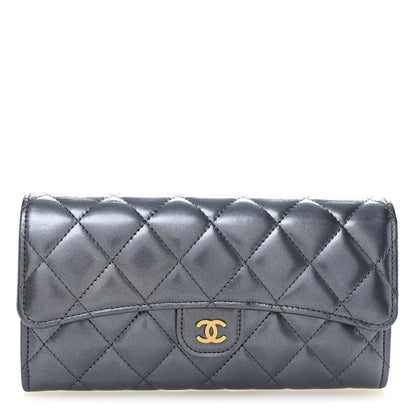 Chanel Metallic Lambskin Quilted Large Gusset Flap Wallet Dark Blue 1 of 9