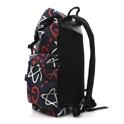 Gucci Techno Canvas GucciGhost Double Buckle Backpack Blue Agata Hibiscus Red 3 of 10